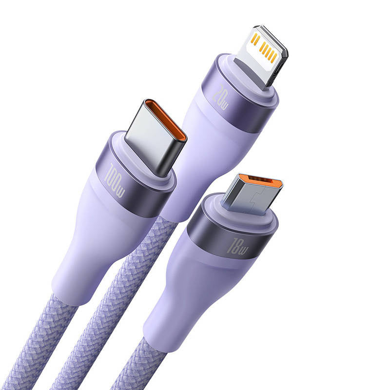 Kabel USB 3w1 Baseus Flash Series 2, USB-C + micro USB + Lightning, 100W, 1,5 m (fiolett)