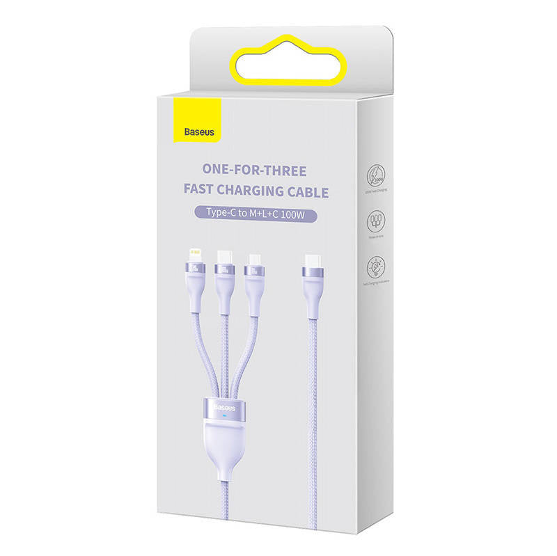 Kabel USB 3w1 Baseus Flash Series 2, USB-C + micro USB + Lightning, 100W, 1,5 m (fiolett)