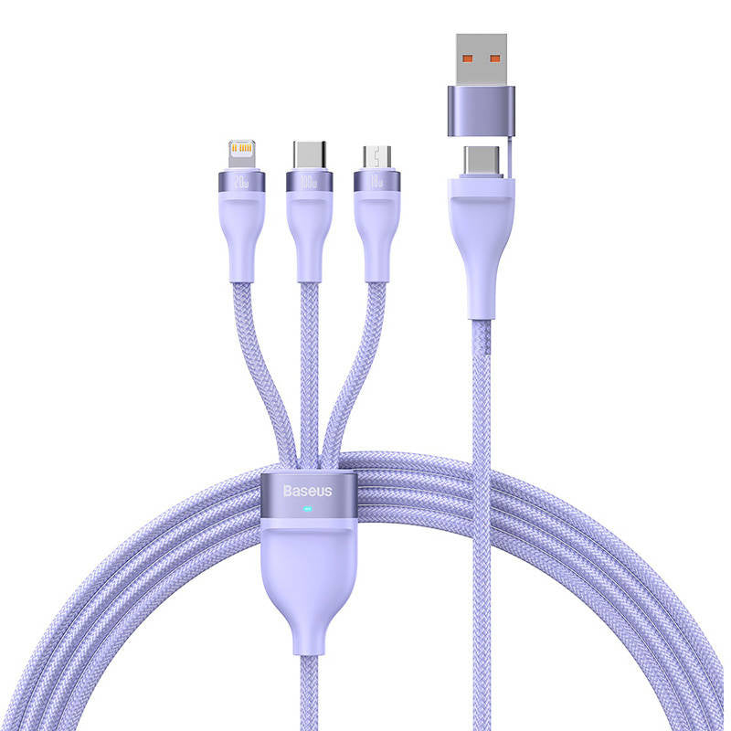 3in1 USB-kabel Baseus Flash Series 2, USB-C + micro USB + Lightning, 100W, 1,5m (lila)
