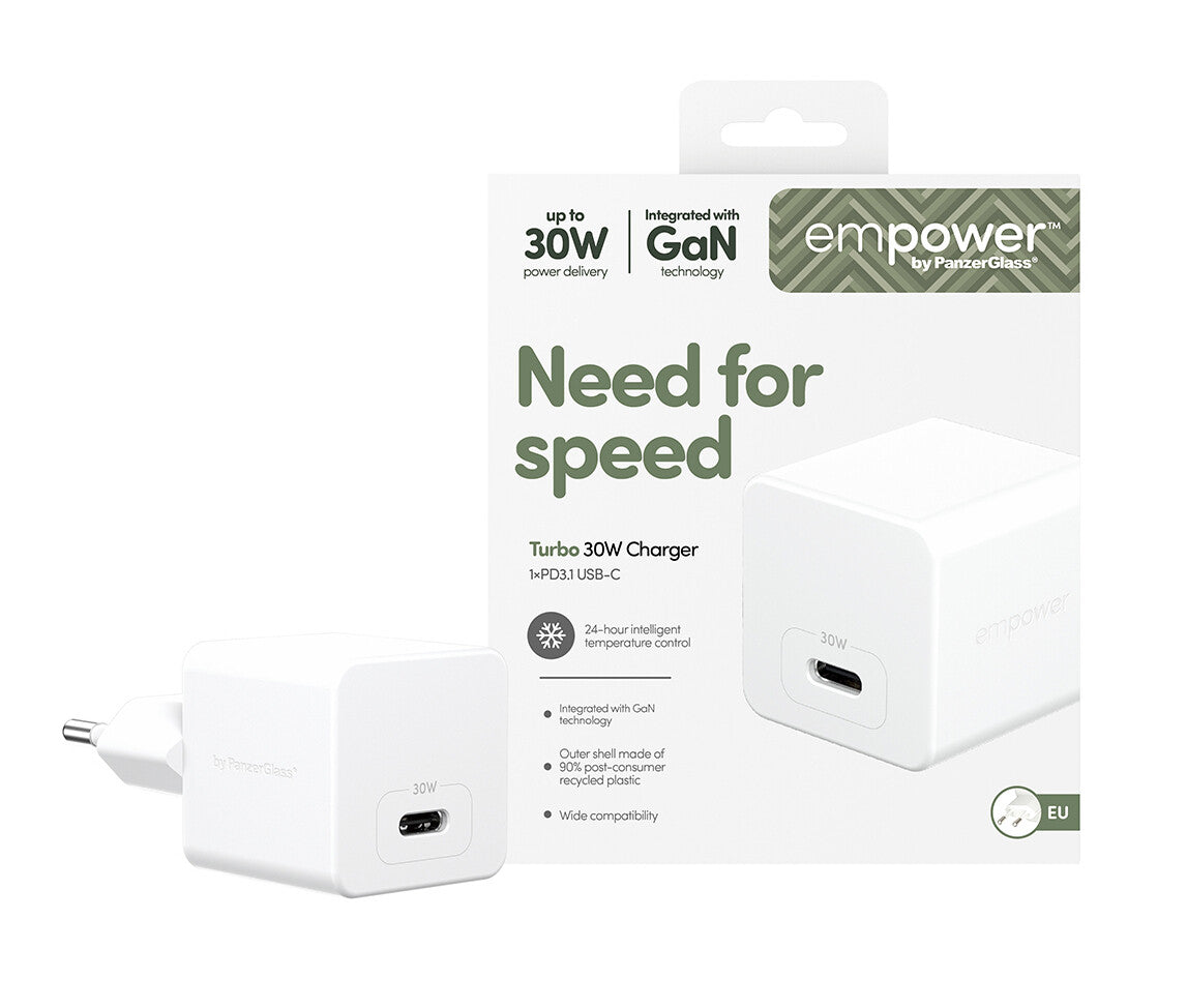 PanzerGlass empower™ by ® Turbo 30W Oplader Single USB-C | UK Stik | Silver White