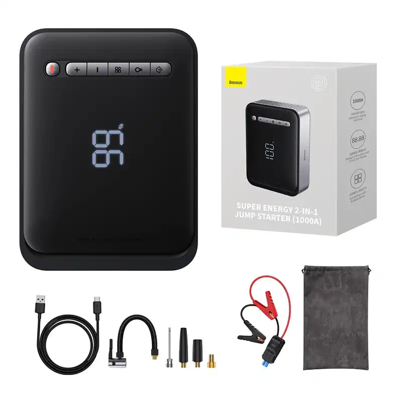 Powerbank / Starter + Kompressor 2in1 Baseus Super Energy Car Jump Starter, 8000mAh, 1000A USB (sort)