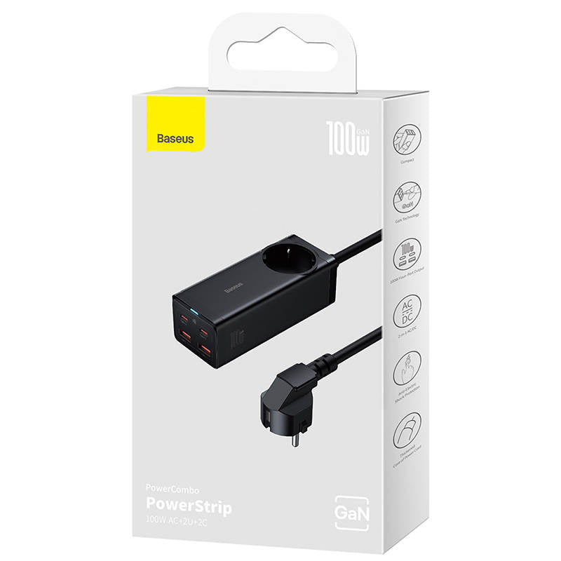 Baseus GaN3 Pro vægoplader / powerstrip 2xUSB + 2xUSB-C + AC, 100W (sort)