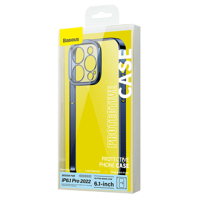 Baseus Glitter Transparent Case og tempereret glas sæt til iPhone 14 Pro (blå)