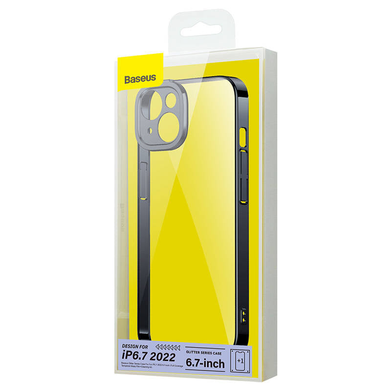 Baseus Glitter Transparent Case og tempereret glas sæt til iPhone 14 Plus (sort)