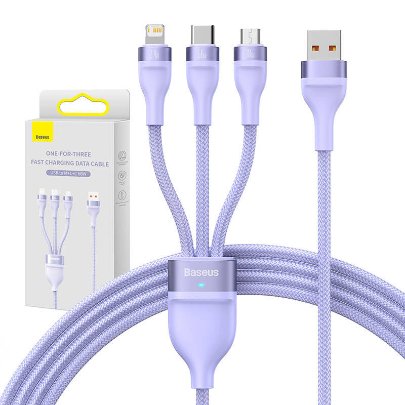 3in1 USB-kabel Baseus Flash II-serie, USB-C + micro USB + Lightning, 66W, 1.2m (purpur)