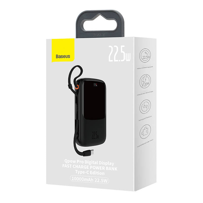Powerbank Baseus Qpow PRO med kabel, 10000mAh, 22.5W (Sort)