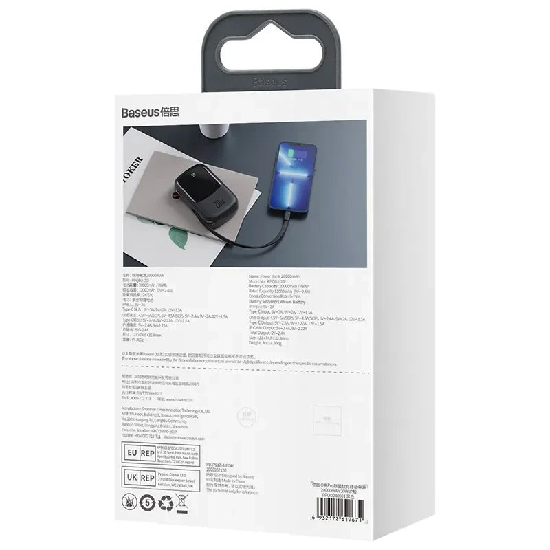 Powerbank Baseus Qpow PRO med Lightning-kabel, USB-C-port og USB 20000mAh, 20W (Sort)