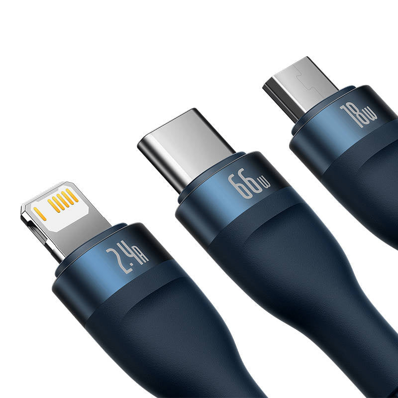 3in1 USB-kabel Baseus USB 3in1 Baseus Flash-serie, USB-C + Micro + Lightning 66W, 1,2 m (blå)