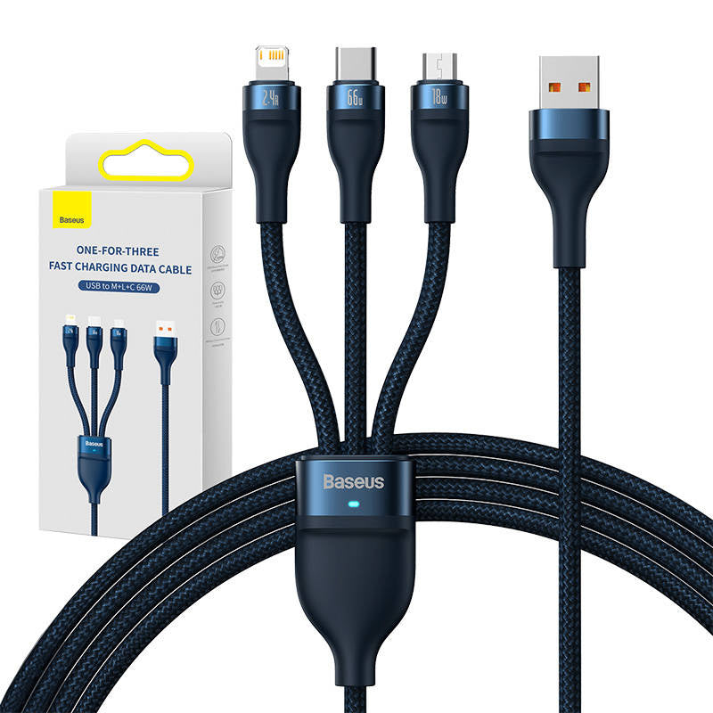3in1 USB-kabel Baseus USB 3in1 Baseus Flash-serie, USB-C + Micro + Lightning 66W, 1,2 m (blå)