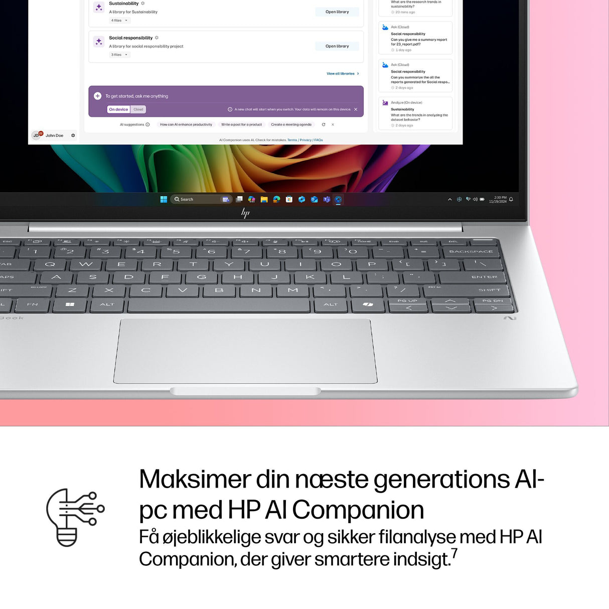 HP EliteBook 8 INC. Copilot+ PC Intel Core Ultra 5 228V Laptop 35,6 cm (14") WUXGA 32 GB LPDDR5x-SDRAM 512 GB SSD Wi-Fi 7 (802.11be) Windows 11 Pro Sølv