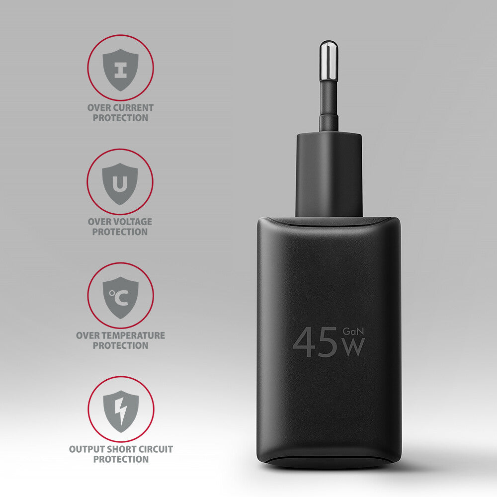 Axagon ACU-PQ45 QC 3.0, 4.0/AFC/FCP/PPS/PD, 45W, schwarz - Netzladegerät mit USB-A und USB-C Schnittstelle Mobiltelefon, Smartphone, SmartWatch, Tablet, Universel Sort Vekselstrøm Hurtig opladning Indendørs