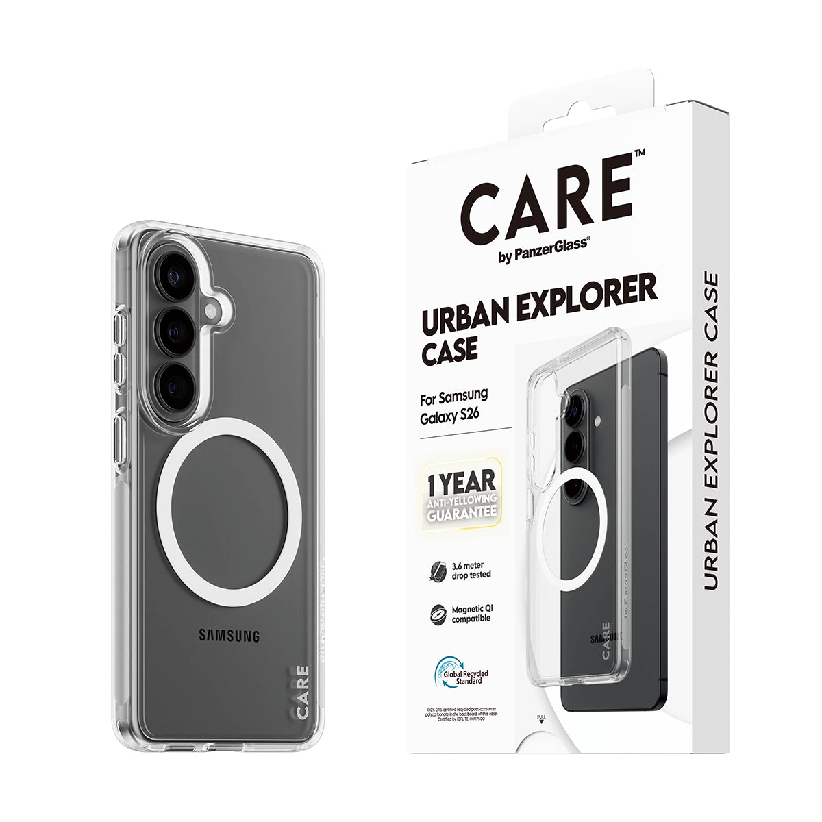 CARE by PanzerGlass Urban Explorer Case Transparent w. White Qi Samsung Galaxy S26