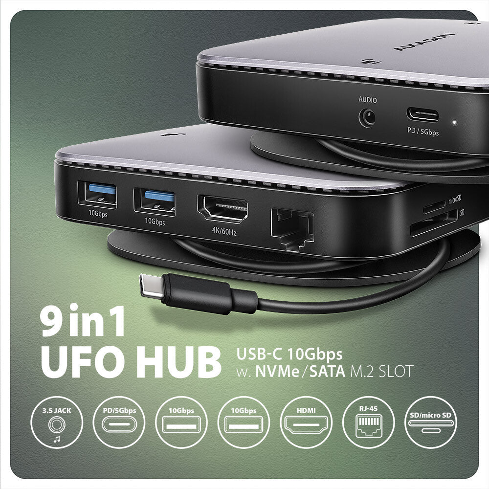 Axagon HMC-UFO USB-C Hub M.2 SATA/NVMe 1 Gbit/s Ethernet 384 kHz Audio Ledningsført USB 3.2 Gen 2 (3.1 Gen 2) Type-C Sort