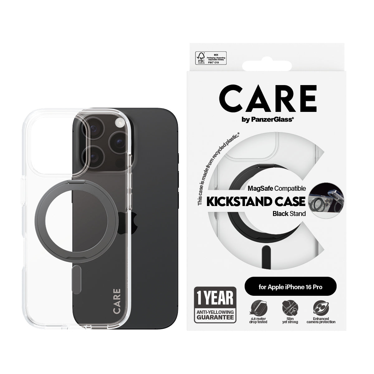 PanzerGlass CARE by ® Feature Case Transparent m. Sort Kickstand & MagSafe iPhone 16 Pro
