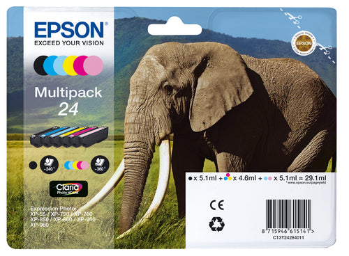 Epson Elephant Multipack 24 blækpatron 6 stk Original Standard udbytte Sort, Blå, Lys cyan, Magenta, Lys magenta, Gul