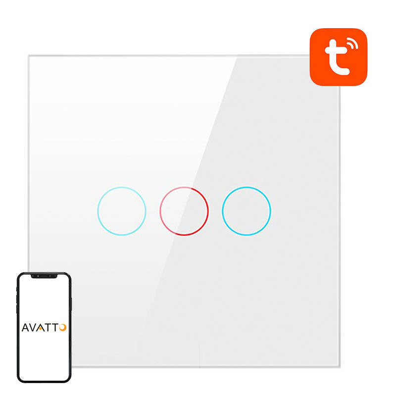 Smart Light Switch ZigBee Avatto LZTS02-EU-W3 3 Way No Neutral TUYA (hvid)