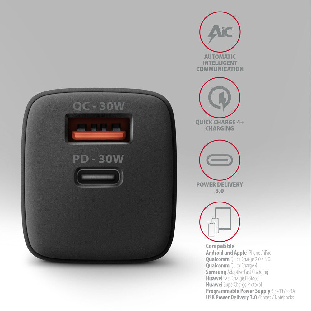 Axagon ACU-PQ30 Ladegerät QC3.0, 4.0/AFC/FCP/PPS/Apple+ PD USB-C, 30W - schwarz - Kompaktes Ladegerät - 1x USB-C und 1x USB-A Mobiltelefon, Smartphone, SmartWatch, Tablet, Universel Sort Vekselstrøm Hurtig opladning Indendørs