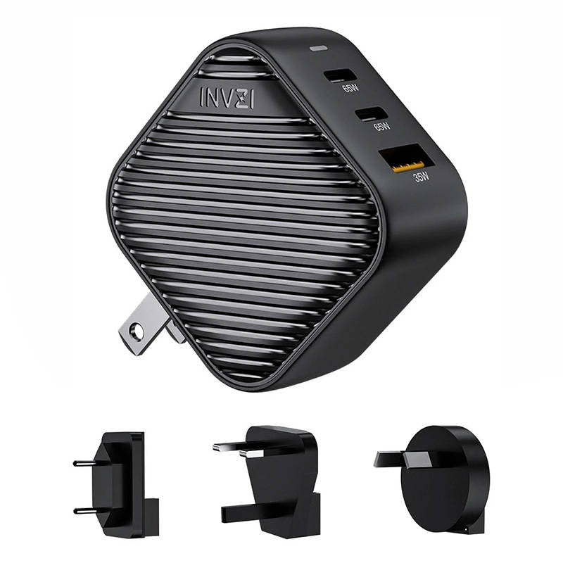 INVZI GanHub 2x USB-C + USB vægoplader, 65W, EU/UK/AU/US (sort)