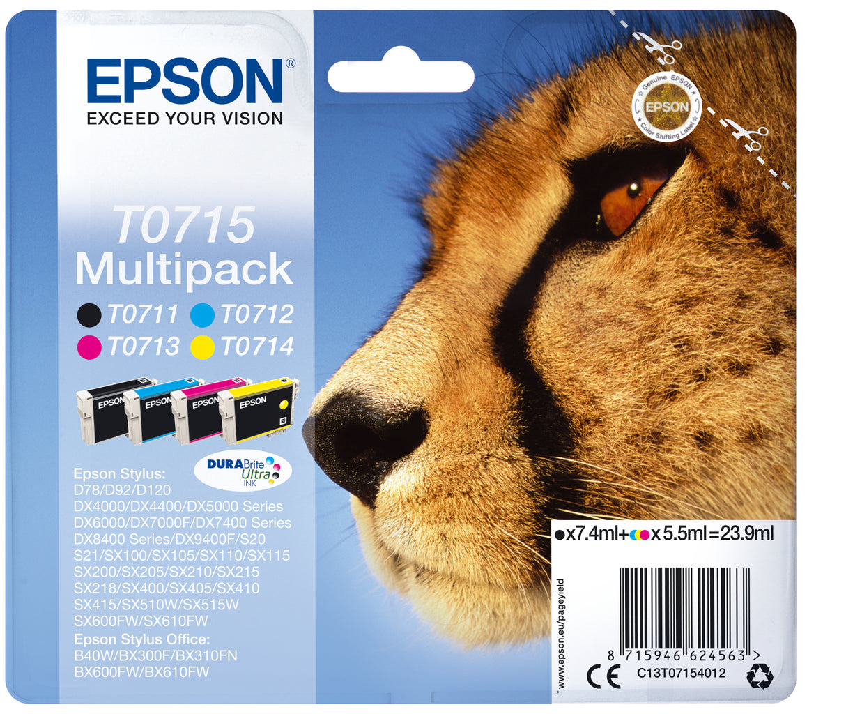 Epson T0715 Multipack Sort Gul Cyan Magenta Blæk C13T07154012