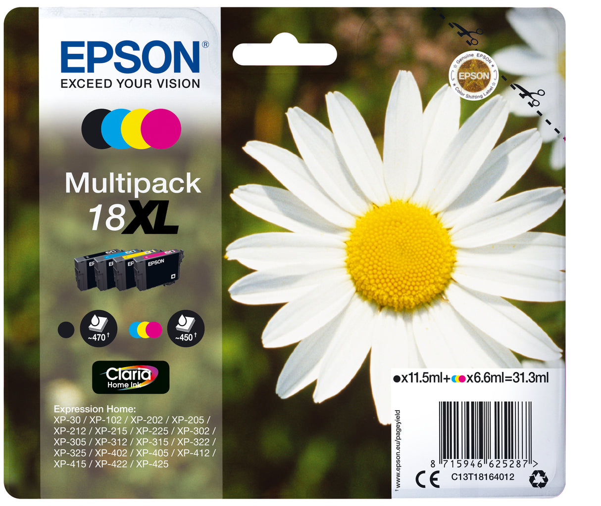 Epson Daisy C13T18164012 blækpatron 1 stk Original Højt (XL) udbytte Sort, Blå, Magenta, Gul