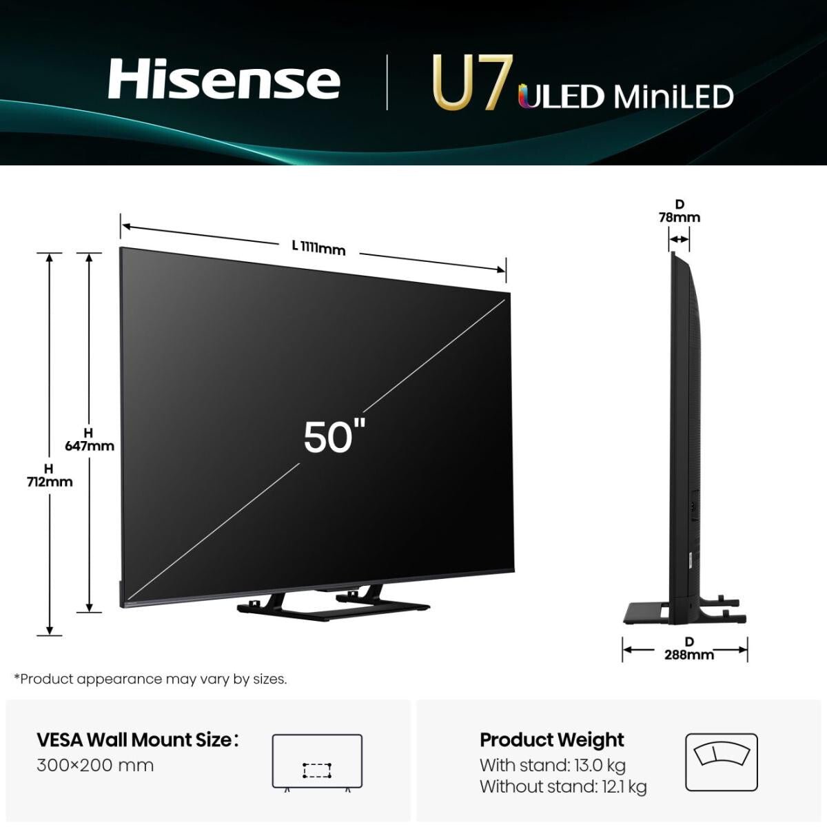 Hisense 50U7Q 127 cm (50") 4K Ultra HD Smart TV Wi-Fi Sort 450 cd/m²