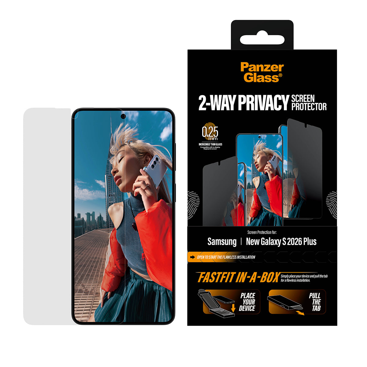 PanzerGlass 2-Way Privacy Screen Protector Samsung Galaxy S26+ | Ultra-Wide Fit w. FASTFIT IN-A-BOX