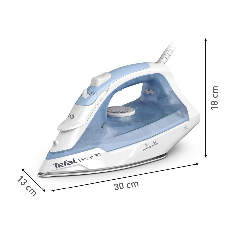 Tefal Virtuo 30 FV2C41E0 strygejern Tør & dampstrygejern Keramisk strygesål 2000 W Blå, Hvid