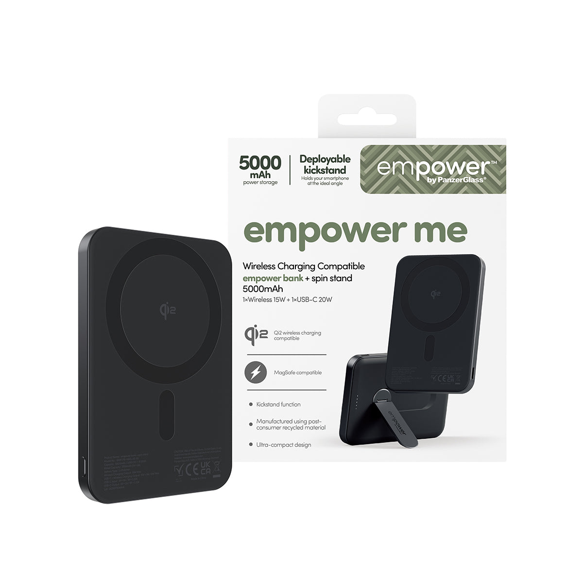 empower by PanzerGlass Powerbank m. Spin Stand trådløs opladning 5000mAh Space Black