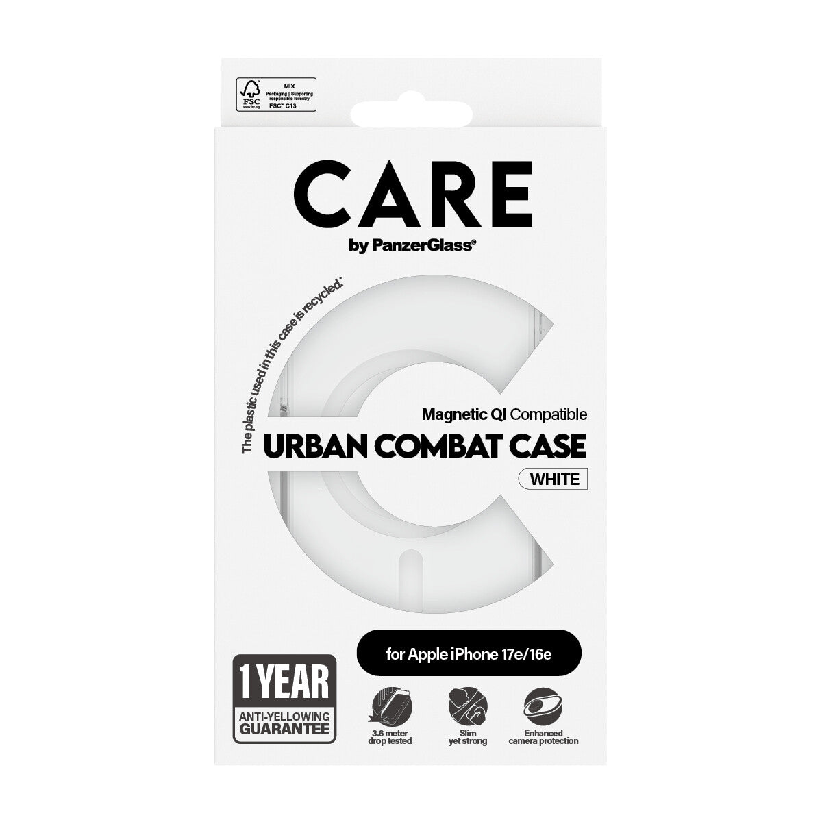 PanzerGlass CARE™ by ® Urban Combat Case Transparent m. Hvid Qi Compatible iPhone 17e | 16e