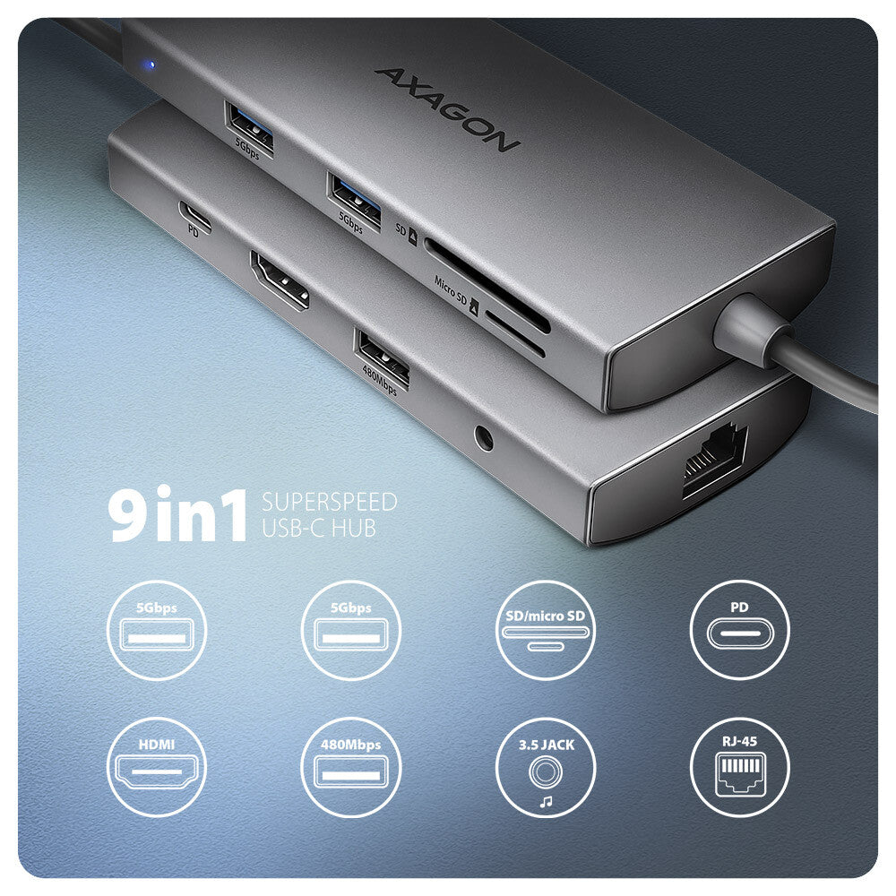 Axagon HMC-8HLSA dockingstation Ledningsført USB 3.2 Gen 1 (3.1 Gen 1) Type-C Grå