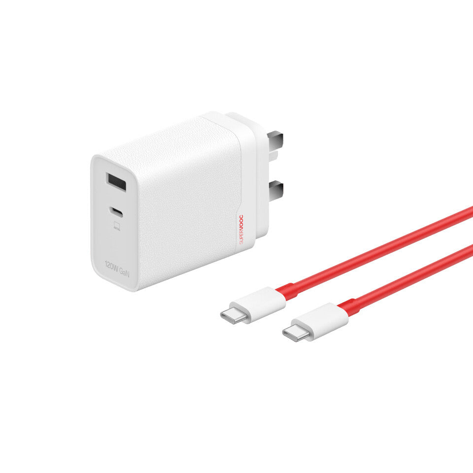 OnePlus 120W Dual Port SUPERVOOC Type-A + Type-C Adapter med USB-C kabel Hvid EU