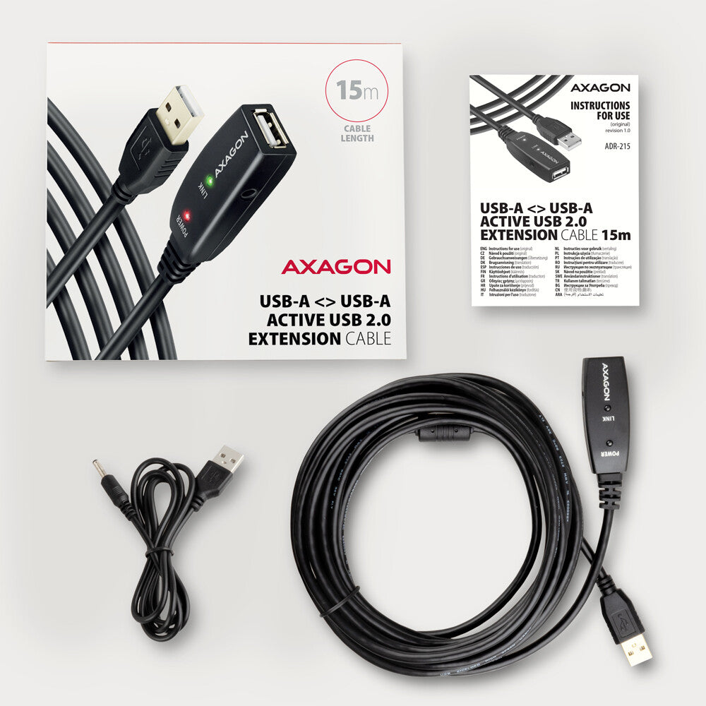 Axagon ADR-215 USB 2.0 A-M -> A-F active extension/repeater cable 15m - Kabel - Digital/Daten USB-kabel USB A 0,48 Gbit/sek. Sort