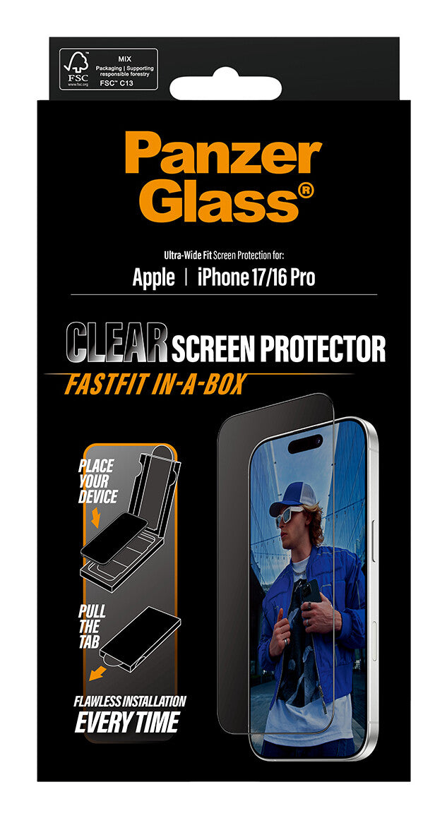 PanzerGlass ® Skærmbeskyttelse iPhone 17 | iPhone 16 Pro | Ultra-Wide Fit m. Fastfit in-a-box
