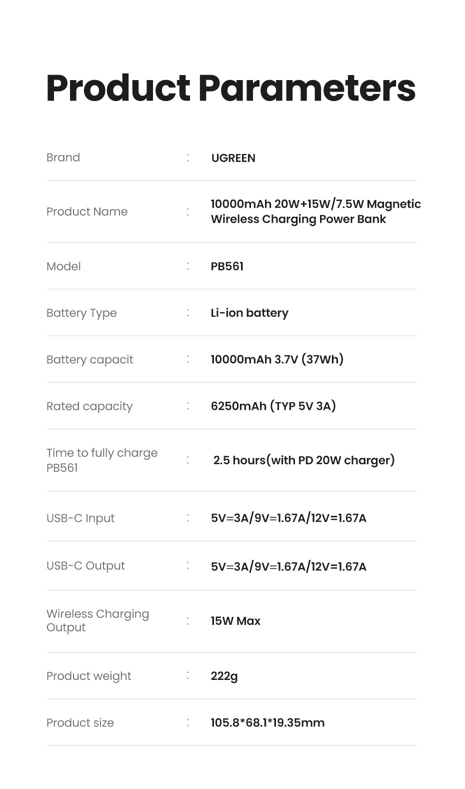 Ugreen Trådløs power bank 10000mAh 20Watt 1xUSB-C Hvid