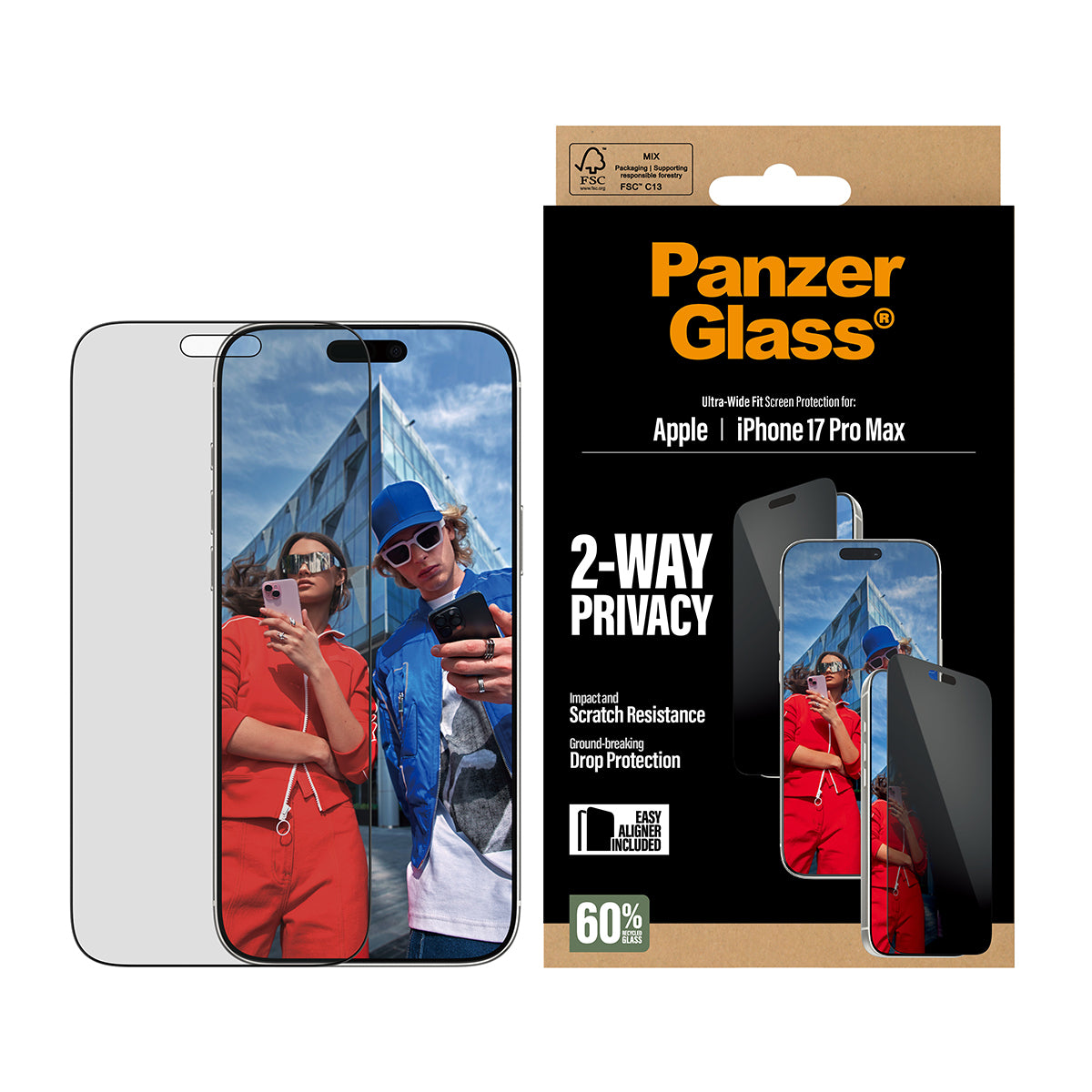 PanzerGlass ® 2-Way Privacy Skærmbeskyttelse iPhone 17 Pro Max | Ultra-Wide Fit m. EasyAligner