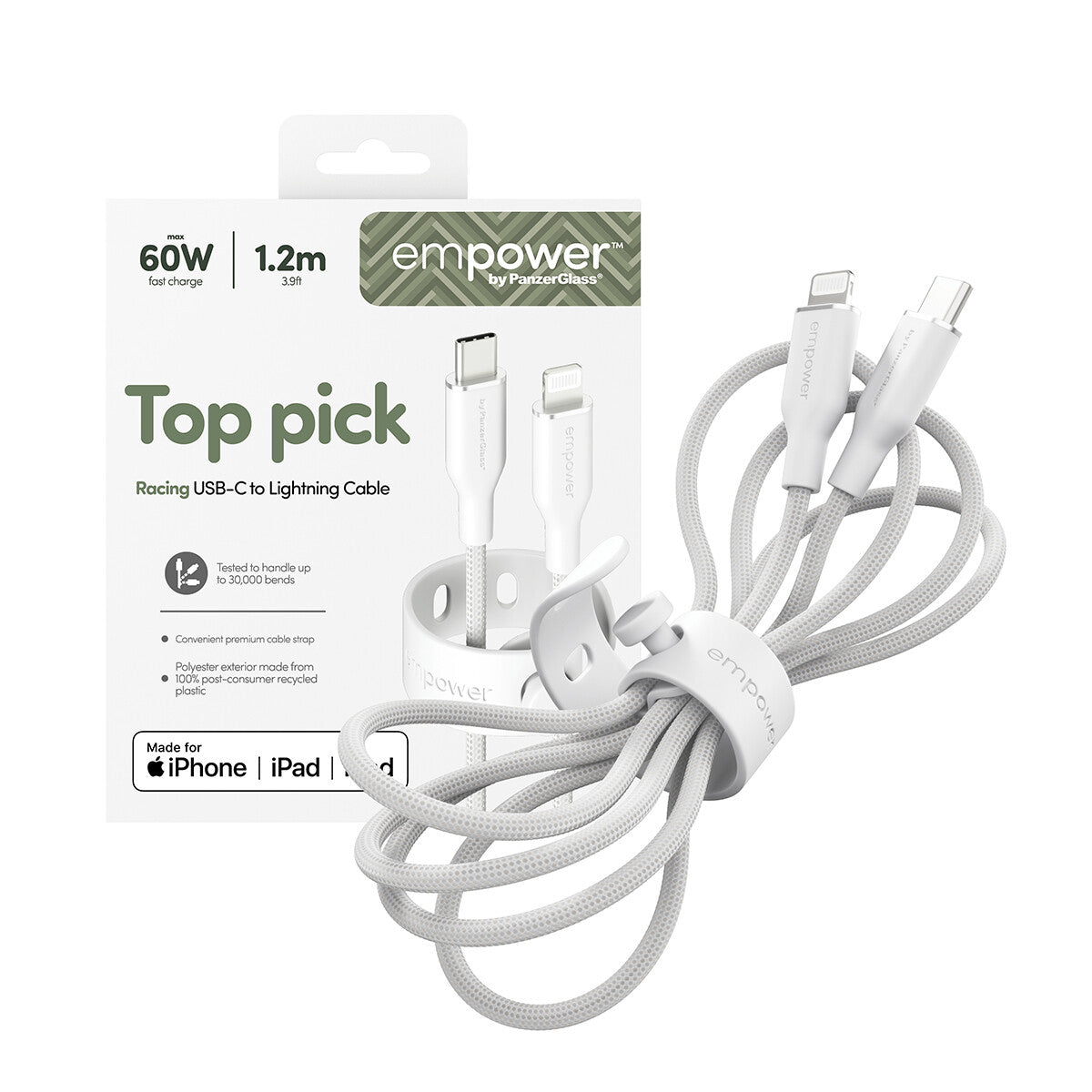 PanzerGlass empower™ by ® Racing 60W USB-C to Lightning Kabel | USB 2.0 | 1.2M | Silver White
