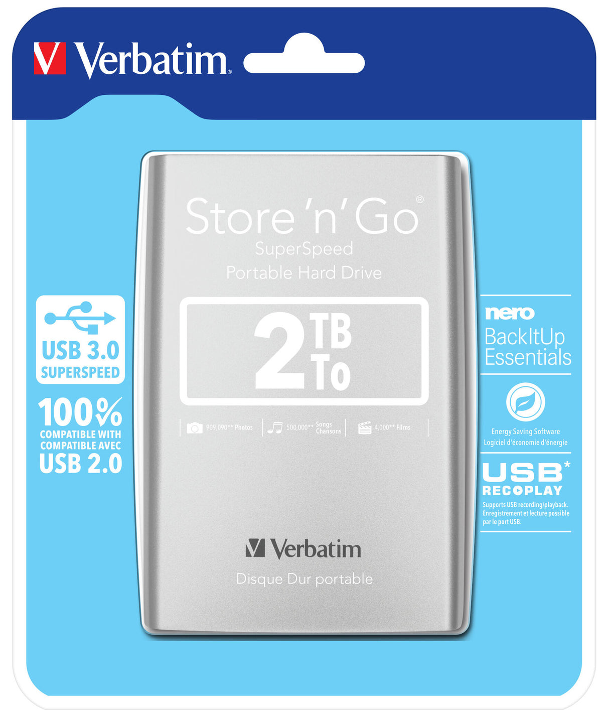 Verbatim Store 'n' Go ekstern harddisk 2 TB 5400 rpm Micro-USB B 3.2 Gen 1 (3.1 Gen 1) Sølv