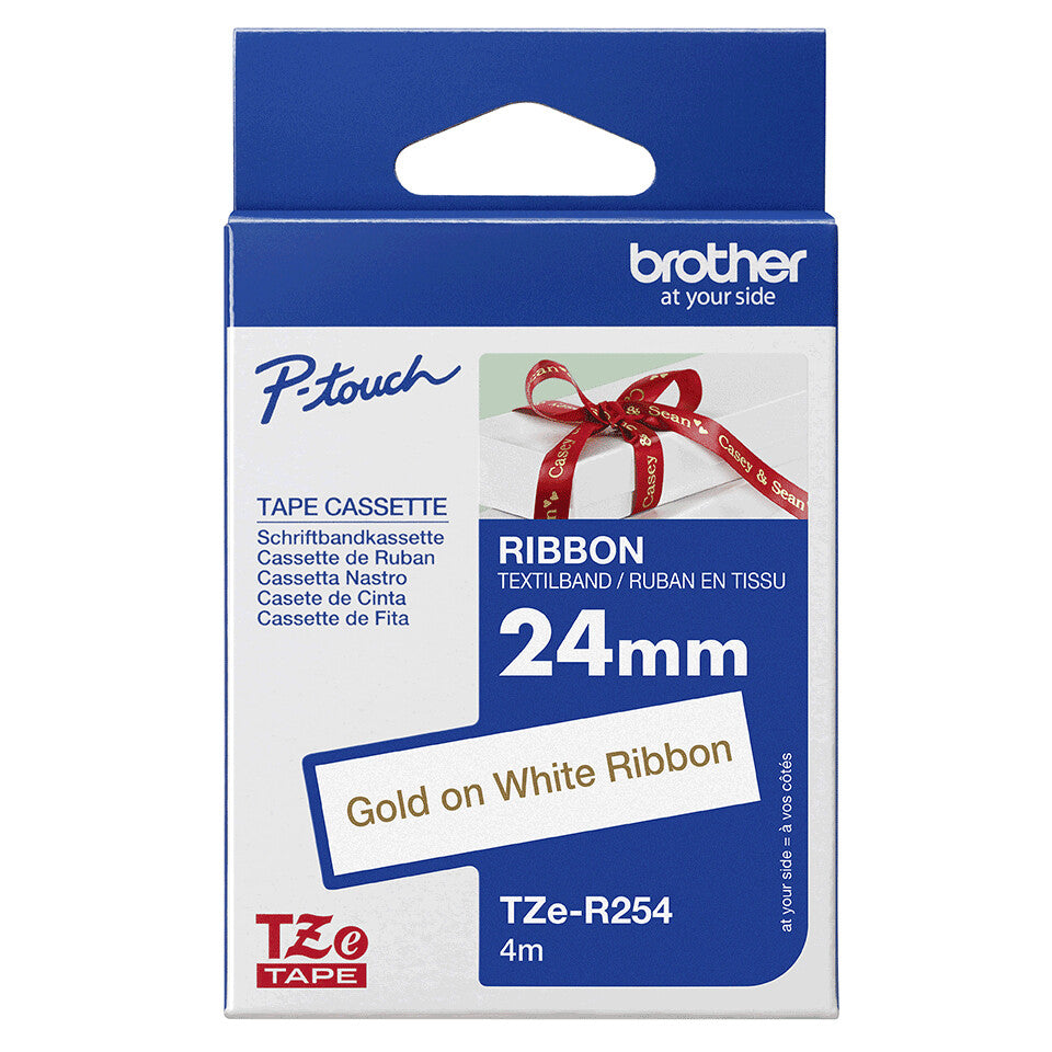 Brother TZE-R254 etiketbånd Guld på hvidt