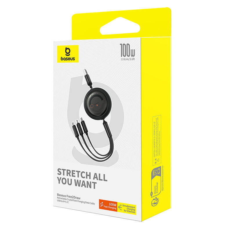 3-i-1 Baseus Free2Draw USB til M+L+C 100W kabel, 1,1 m (sort)