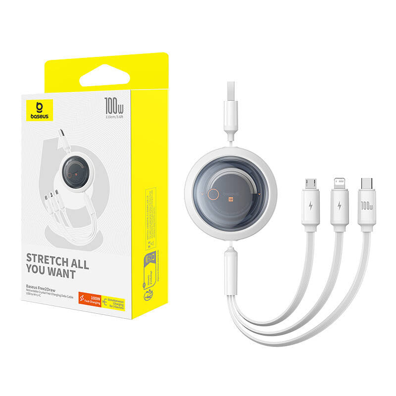 3-i-1 Baseus Free2Draw USB til M+L+C 100W kabel, 1,1 m (hvid)
