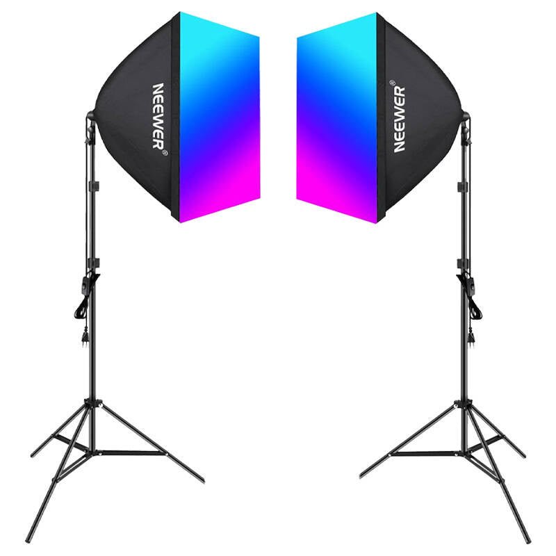 Kit Neewer NK800 to softboxes + pærer RGB 24W 2700-6500K + stativ + barndoors