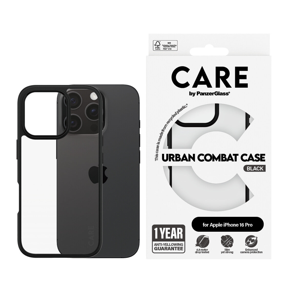 PanzerGlass CARE™ by ® Urban Combat Case Transparent m. Sort Ramme iPhone 16 Pro