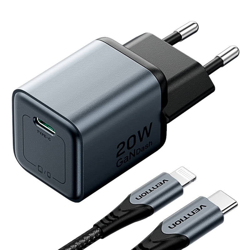 GaN Vention USB-C 20W oplader + USB-C-L 1m kabel (grå)