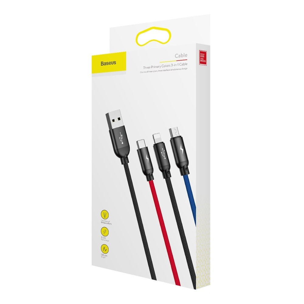 Baseus Tre Primærfarver 3in1 USB-A - mikro USB / Lightning / USB-C 3.5A kabel 1,2 m - sort