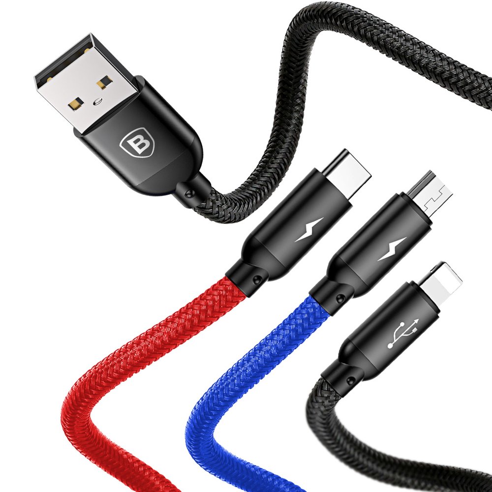 Baseus Tre Primærfarver 3in1 USB-A - micro USB / Lightning / USB-C 3.5A kabel 1,2 m - sort