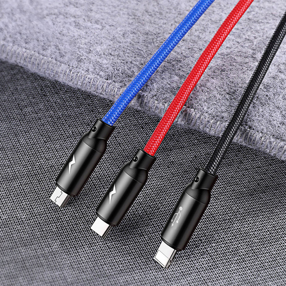 Baseus Tre Primærfarver 3in1 USB-A - micro USB / Lightning / USB-C 3.5A kabel 1,2 m - sort