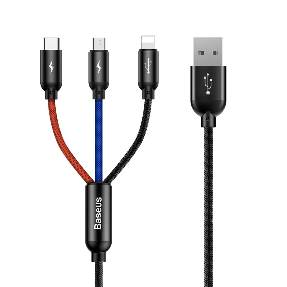Baseus Tre Primærfarver 3in1 USB-A - micro USB / Lightning / USB-C 3.5A kabel 1,2 m - sort