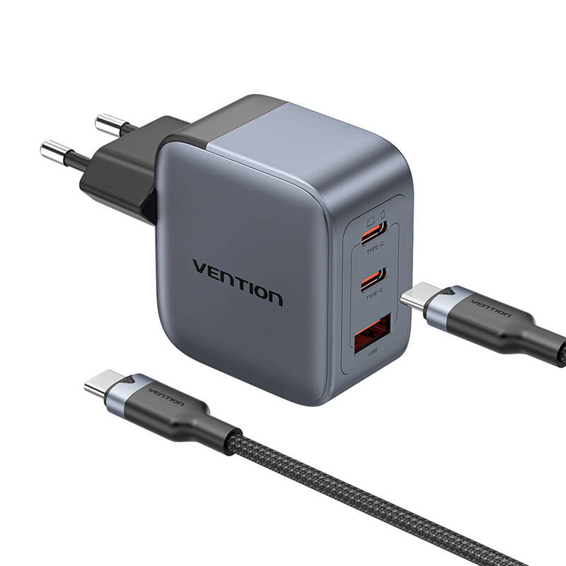 GaN Vention USB-C+C+A 70W oplader + USB-C-C kabel 1m (grå)