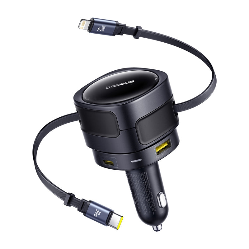 Baseus Enjoyment Max biloplader med USB-C+Lightning-kabler og USB-A+USB-C-porte 90W sort