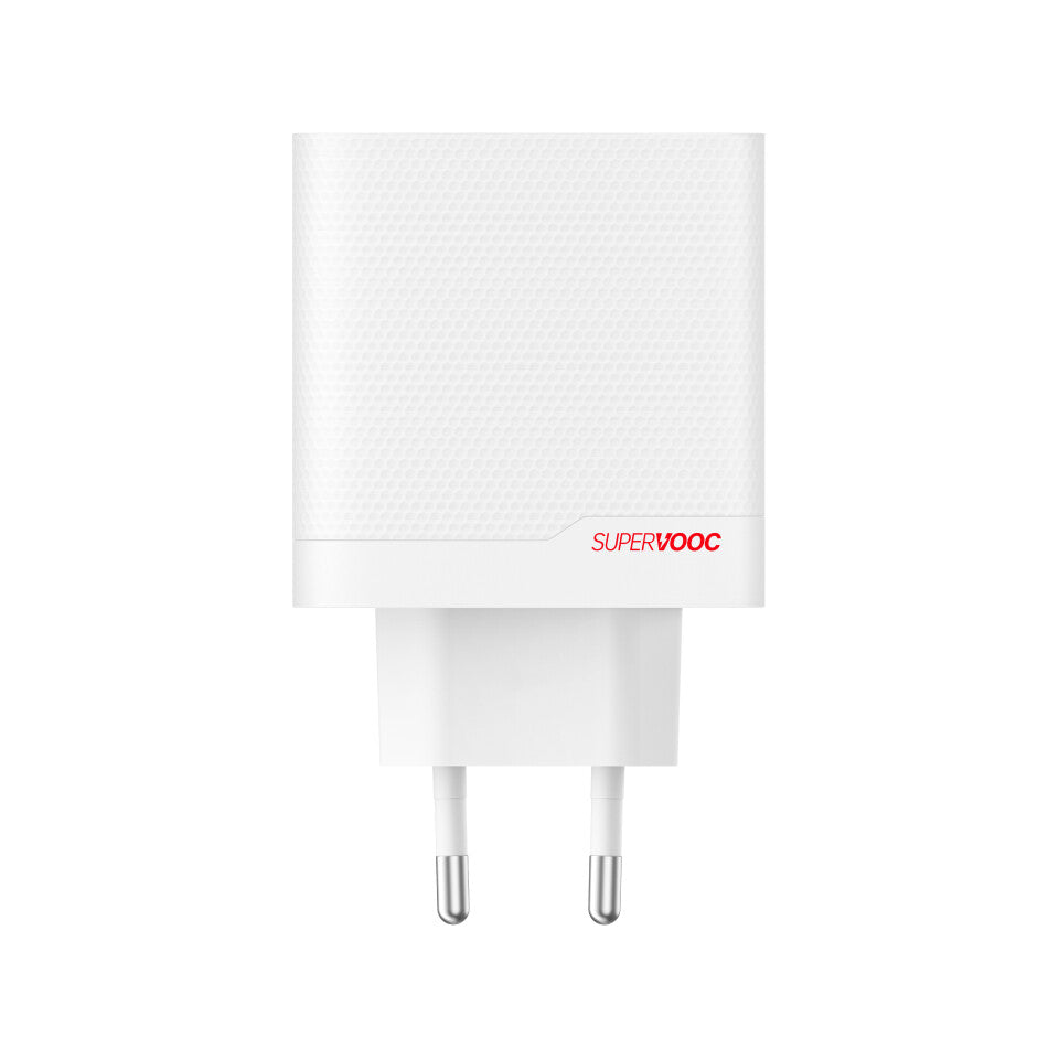 OnePlus 80W Dual Port SUPERVOOC Type-A + Type-C Adapter med USB-C kabel Hvid EU
